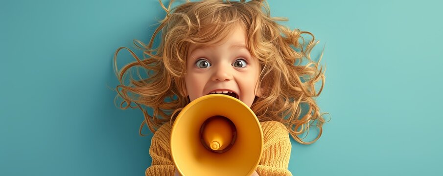 A cute little girl in a sweater shouting into a megaphone on a blue background with copy space, a banner design for advertising and marketing of children's services or products..