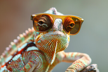 Close-up of a chameleon wearing reflective sunglasses, showcasing its detailed scales and vibrant colors with a shallow depth of field. - 792729110
