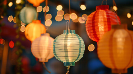 Colorful paper lanterns hanging from a string, casting a warm glow. - Powered by Adobe