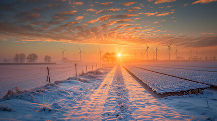 Solar field in the Netherlands during sunrise.  - obrazy, fototapety, plakaty