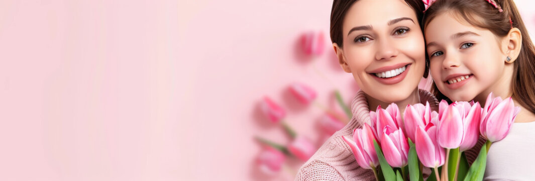  Madre abrazada a su hija sonriendo felices sosteniendo entre la dos un ramo de flores rosas, sobre fondo rosa decorado con flores
