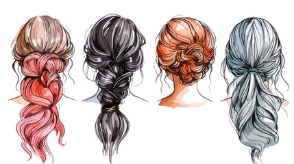 Hand drawn Four hairstyles. Colored graphic vector se - obrazy, fototapety, plakaty