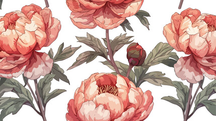 Hand drawn Four peonies. Colored vector seamless patt