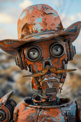 Futuristic Cowboy Robot Wearing a Hat Poses Against a Wasteland Backdrop, Generative AI