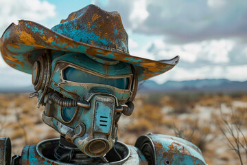 Futuristic Cowboy Robot Wearing a Hat Poses Against a Wasteland Backdrop, Generative AI