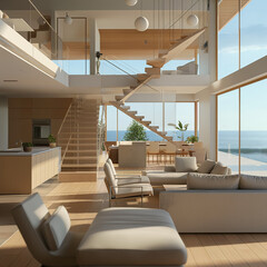 The image shows a modern living room with a large glass window looking out onto the ocean. There is a staircase leading up to a mezzanine level, and a kitchen to the left of the living area. The room  - obrazy, fototapety, plakaty