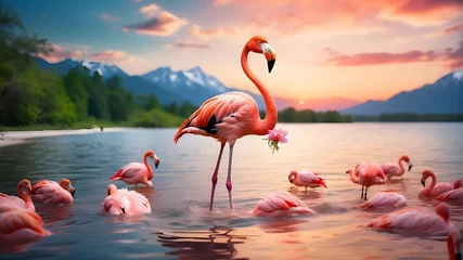 Fotobehang Flamingo Standing in Water with a Stunning Natural Background 4K Wallpaper © Adnan