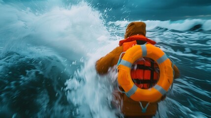 A blurred image of a counselor running towards the crashing waves their bright orange life vest and lifebuoy shining against the dark and stormy sea painting a vivid picture of their .