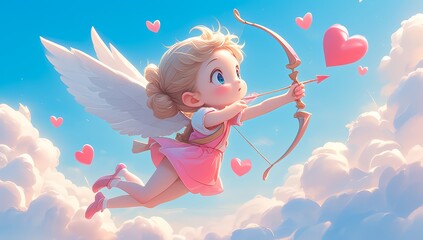 Fototapeta premium A cute baby Cupid girl flying in the sky with his bow and arrow, dressed in a pink short skirt