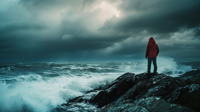 A person standing on a rock near the ocean, observing a distant storm over the sea. Wallpaper. Copy space.