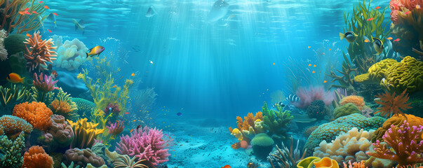 illustration underwater background with vibrant coral reefs and tropical fish.