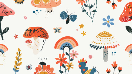 Flowers mushroom rainbow caterpillar doodles. Hand dr - obrazy, fototapety, plakaty