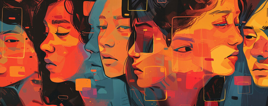 illustration portraying the pervasive influence of social media on mental well-being with faces distorted by filters and captions masking underlying feelings of insecurity and discontent.