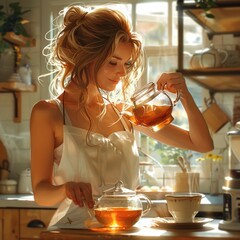 The housewife prepares drinks in the morning, pours tea into a glass cup on the table and enjoys the fragrant aroma of homemade tea with a happy facial gesture. - obrazy, fototapety, plakaty