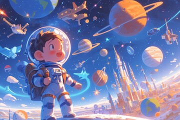 Fototapeta premium A cute cartoon character explores the cosmos, surrounded by colorful planets and stars in space. The child wears an astronaut suit with a backpack and helmet. 