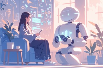 Fototapeta na wymiar A cute cartoon robot sitting on the couch talking to an attractive young woman while she looks at her phone