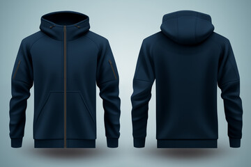 Plain zipper jacket mockup Set of blue front and back view long sleaves branding stylish template - obrazy, fototapety, plakaty