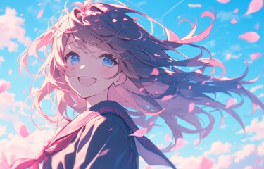 A cute girl with shoulderlength hair in Japanese school uniform, smiling slightly and looking to the side. She is surrounded by pink petals floating in midair. 