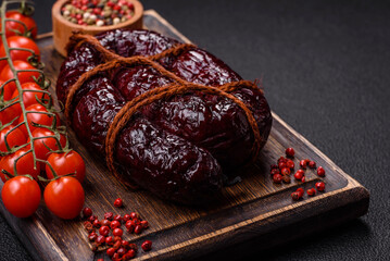 Delicious black blood sausage or black pudding with spices and herbs