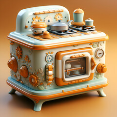 3d illustration of a vintage electric stove in orange and blue tones