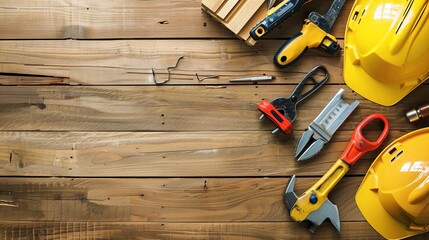 The concept of repair, building, and carpentry involves various work tools arranged on wooden