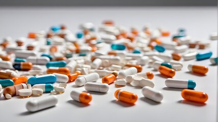 Addiction-related prescription pill fragments strewn on a white tabletop opioid crisis and epidemic analgesic benzodiazepines - obrazy, fototapety, plakaty