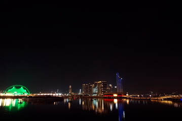 Fototapeta na wymiar Dubai, United Arab Emirates – April 04, 2024, Dubai Festival Center DFC, Fireworks for celebrating of Ramadan