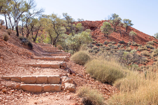 stone steps stair to outlook, outback Queensland Australia, red dirt dry drought barren harsh landscape near Winton
