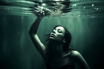 Woman posing underwater with her eyes closed.
