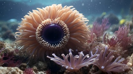A sea anemone uses shock to capture its food. 8k Genrative AI, anemonefish, sea anemone, undersea, animal themes, sea, vertical, reef, sunbeam
