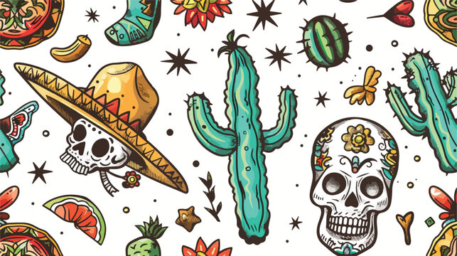 Hand drawn mexican symbols. Colored vector seamless p
