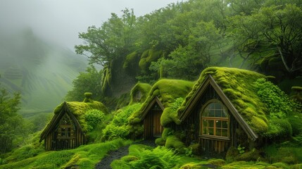 Enchanted Thatched-Roof Cottages in Misty Valley - obrazy, fototapety, plakaty