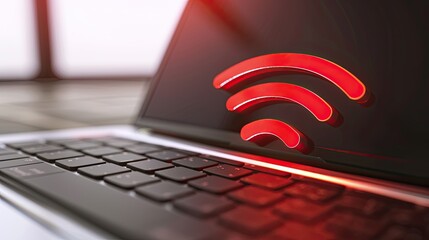 Laptop Screen Displaying Red Wi-Fi Connectivity Icon - obrazy, fototapety, plakaty