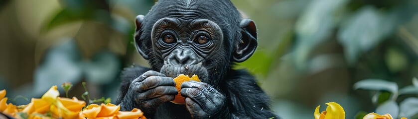 Baby bonobo eating an orange - obrazy, fototapety, plakaty