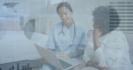 Image of data processing over african american female doctor talking to a female patient