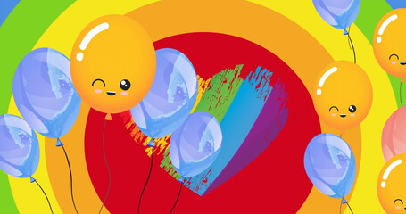 Image of happy colourful balloons over rainbow heart on rainbow background