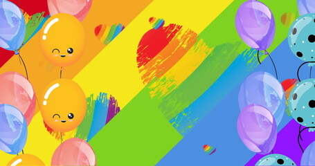 Image of happy colourful balloons over rainbow hearts on rainbow background - obrazy, fototapety, plakaty