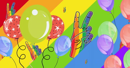 Image of rainbow hand with peace sign and colourful balloons on rainbow background - obrazy, fototapety, plakaty