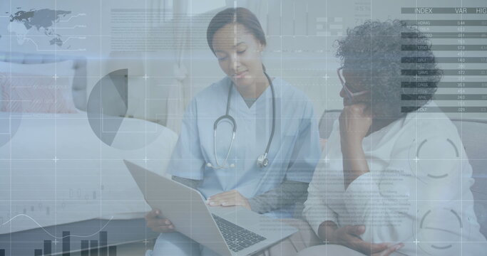 Image of data processing over african american female doctor talking to a female patient - Powered by Adobe