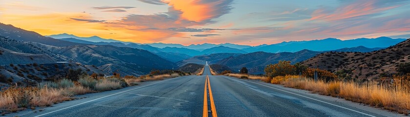 The image shows a long and empty road at sunset. The road is surrounded by mountains and the sky is a bright orange.