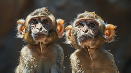 Two monkeys looking at the camera with curious expression on their faces - obrazy, fototapety, plakaty