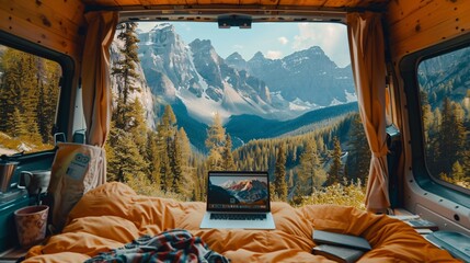 A serene workspace setup inside a van overlooks majestic mountains, symbolizing a nomadic lifestyle - Powered by Adobe