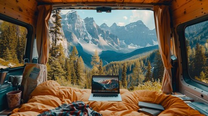 A serene workspace setup inside a van overlooks majestic mountains, symbolizing a nomadic lifestyle