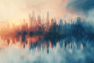 Fototapeta na wymiar Reflective cityscape with vibrant sunrise colors