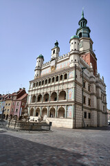 The facade with arcades of the historic Renaissance town hall in Poznan