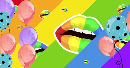 Image of rainbow lips and colourful balloons on rainbow background - obrazy, fototapety, plakaty