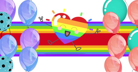 Image of happy rainbow heart and colourful balloons on rainbow background - obrazy, fototapety, plakaty