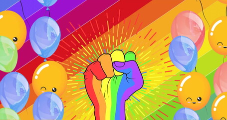 Image of rainbow fist and colourful balloons on rainbow background - obrazy, fototapety, plakaty