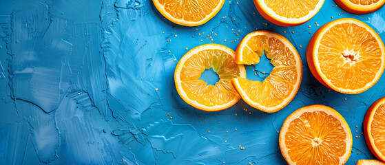 A blue background with a bunch of organic fresh orange slices on it