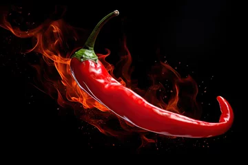 Fotobehang Red hot chilli pepper on fire over the dark background. Ai generative © ArtmediaworX